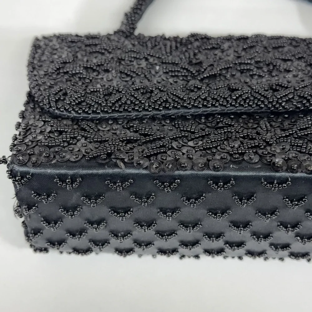Vintage 1950s Black Beaded Sequin Evening Bag Clutch Purse Handmade‎ Hong Kong